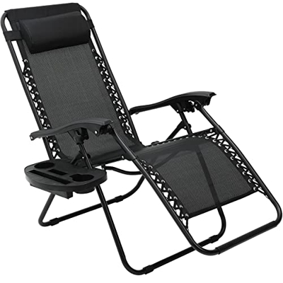 Tumbona Plegable con Cojín Ajustable para ca Cabeza y Respaldo, Tumbona Relajante para Almuerzo con Portavasos, Ergonómica y Transpirable, Negro