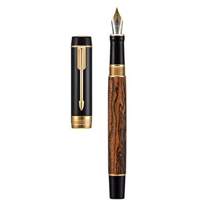 Jinhao 100 Mini pluma estilográfica clásica de madera de tigre, punta mediana con convertidor y estuche de metal