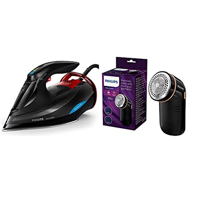 Philips GC5037/80 Azur Elite plancha de vapor, dynamiq Sensor, 0,35 l, 3000 W, Negro/Rojo + GC026/80 Quitapelusas, Negro Y Dorado