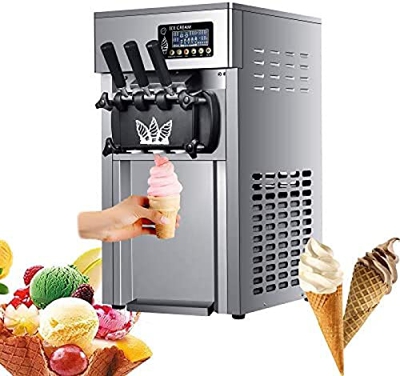Soft Serve Ice Cream Machine,Commercial Slushy Ice Cream Maker Stainless Steel 3 Flavors LCD Digital Display Auto Clean Material Shortage Warning Swee