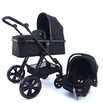 Pixini Carrito Bebé 3 Piezas Arizona, Silla Paseo, Asiento Coche, Capazo, Plegado, negro