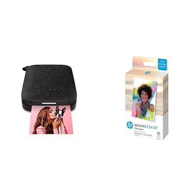 Impresora fotográfica portátil HP Sprocket (Negro) y Papel fotográfico Zink Sprocket de 2x3, 50 Hojas