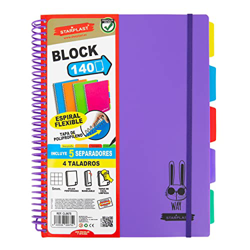 140 HOJAS CUADERNO ESPIRAL FLEXIBLE QUIJOTE - Páginas 90gr, cuadros 5x5mm, tamaño A4, 4 Taladros, cierre goma elástica, tapa polipropileno, colores fl características