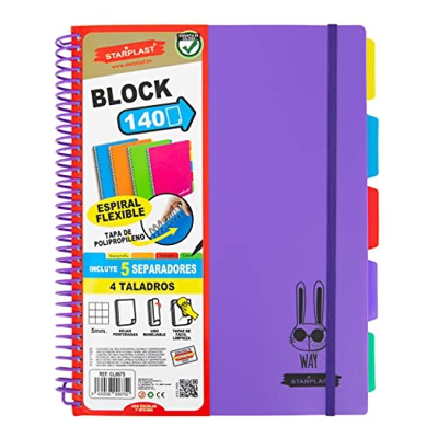 140 HOJAS CUADERNO ESPIRAL FLEXIBLE QUIJOTE - Páginas 90gr, cuadros 5x5mm, tamaño A4, 4 Taladros, cierre goma elástica, tapa polipropileno, colores fl