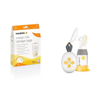 Medela pack de bolsas de almacenamiento de leche materna de 180 ml - Paquete de 25 bolsas de recogida de leche materna + Medela Extractor de leche elé