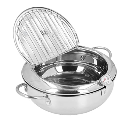 Freidora Pequeña Japonesa Tempura Pot con Termómetro de Control Rejilla de Drenaje de Aceite para Patatas Fritas Tempura Freidora Profunda de Acero In