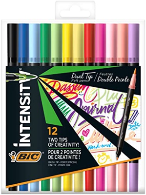 BIC Intensity Dual Tip Rotuladores de Colores Clásicos y Pastel con Punta Fina (0,7 mm) y Punta de Pincel Flexible - Colores Surtidos, Caja de 12
