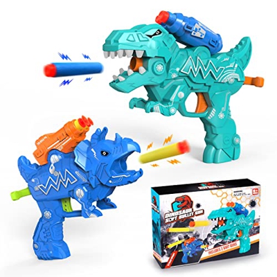 Pistolas de Juguete para Niños 2 Pack, 30 Pistola de Dardos de Espuma, Juego de Disparos Infantiles Tiranosaurio y Triceratops, Regalos de Cumpleaños 
