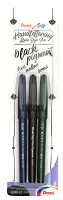 Pentel XSESP15/3 - Rotulador de caligrafía con punta de pincel flexible, blíster con 3 grosores de trazo, tinta pigmentada, tinta negra