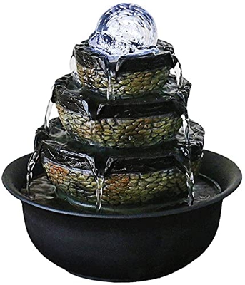 Tabletop Fountains Relaxation Waterfall 4-Step Little Water Fountain Led Ball Decoration Portable Feng Shui Fountain Indoor and Outdoor Desktop Founta