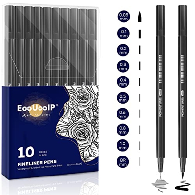 Rotuladores Punta Fina, EooUooIP®️ 10 Rotuladores de Caligrafía Negro , Plumas De Dibujo De Punta Fina (0,05-1 mm y un rotuladores),Fineliner para Bul