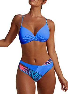 JFAN Conjuntos De Bikini Sexy Mujer Trajes De Baño Bañador Traje de Baño Acolchado con Aros Traje de Baño Floral de Colores Dulces(Azul,XXL)