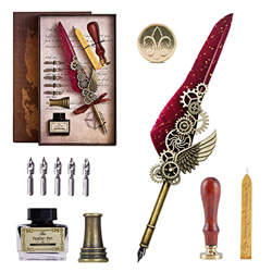 AOMAYLL Juego de caligrafía vintage, juego de tinta de pluma estilográfica,hecho a mano,con 5 plumas, soporte para bolígrafo de tinta, sello de cera,c características