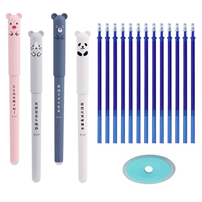 4 Piezas Bolígrafos de Gel Borrables, Bolígrafo de Animales Bonitos, Bolígrafo de Tinta Borrable con 12 Recambios Azul para Niños, Estudiantes y Adult