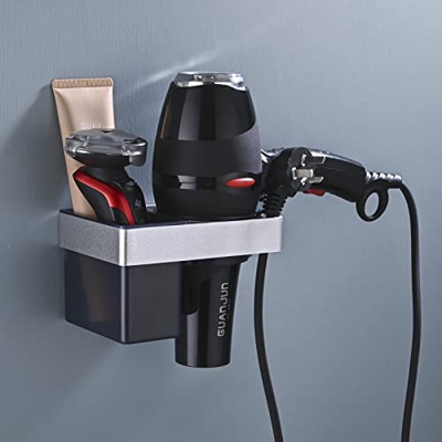 HANFU Soporte Secador Pelo Pared, Autoadhesivo Soporte Secador de Pelo Sin Taladro, Colgador Secador Pelo de Aluminio con Almacenamiento ABS, Secador 