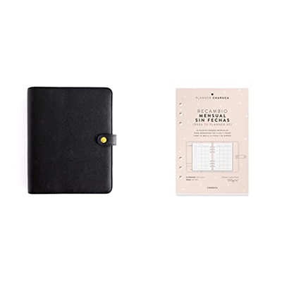 CHARUCA Planner personal A5. Negro 2022 + Recambio Agenda Mensual, A5, Sin Fechas