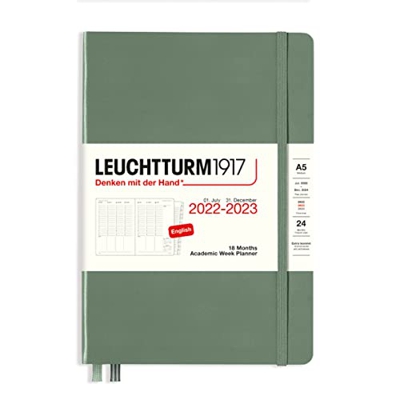LEUCHTTURM1917 366029 Planificador de semana académica mediano (A5) 2023, 18 meses, oliva, inglés