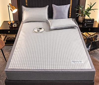 GHKWXUE Colchón Fresco de Verano, Estera de Seda de Hielo de 3 Piezas Juego de Ropa de Cama de cheques - Finamiento de la Cama de Almohada de alumno T