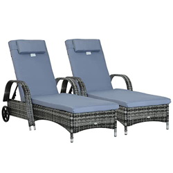 Outsunny Conjunto de 2 Tumbonas de Ratán de Jardín Chaise Longue con Respaldo Ajustable en 5 Posiciones Cojines Acolchados Reposacabezas y 2 Ruedas 20 en oferta