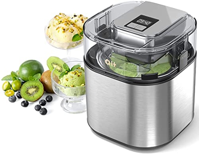 Heladera con Compresor Autorefrigerante, 1,5 L, Máquina de Helado y Sorbete de Acero Inoxidable, con Pantalla Digital LCD, Cesta Para Helado Extraíble