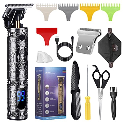 LURNOFY Cortapelos para barba para hombres, profesional recargable sin cable, eléctrico, con cuchilla en T sin huecos, kit de aseo con pantalla LCD, c