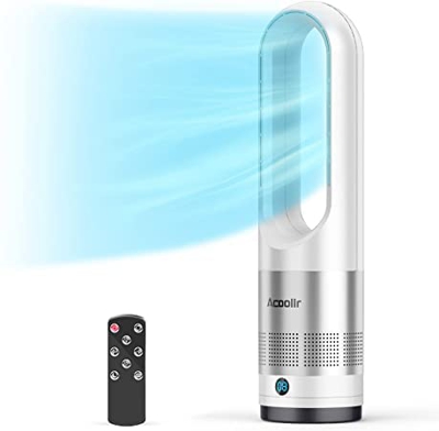 Ventilador de Torre, Ventilador Torre Silencioso Seguro sin Aspas, Oscilación de 80°, 8 velocidades, Temporizador 8H, Ventilador de Pie con Mando a Di