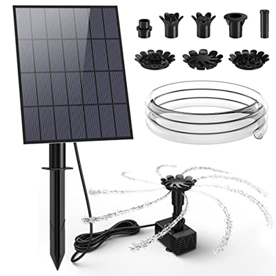 AMZtime Fuente Solar 3.5W con 15 Boquillas de Bricolaje Tubería de Agua de 5 Pies y Estaca Fuente Solar para Jardín, Estanque, Piscina, Exterior