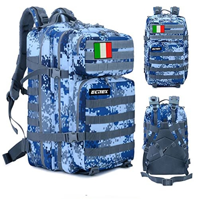 ELITEX Mochila 45L Táctica Militar Bandera Italia Impermeable Deportiva Aire Libre Bolsillos Gimnasio Portatil Oxford 900D (Azul Digital)