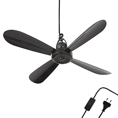 Ventilador de techo portátil (negro) con enchufe e interruptor, 220 V-240 V/5 W, diámetro de 40 cm, ventilador con colgador, bajo consumo