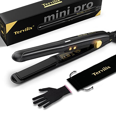 Terviiix Mini plancha de pelo para pelo corto, doble voltaje, cerámica, con temperatura ajustable, portátil de 1/2 pulgadas, con bolsa, apagado automá