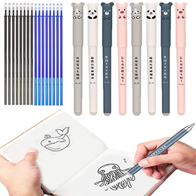 8 Piezas Bolígrafos Animales Dibujos, Borrables Pen, Bolígrafos Borrables, Negros Borrables Bolígrafos, con 16 Minas de Recarga, para Niños, Estudiant