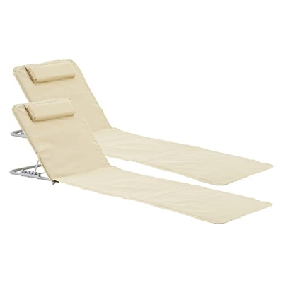 Set de 2 Esterillas de Playa Tumbona Plegable con Cojín con Respaldo en 5 Posiciones Acero Poliéster 160 x 49 cm Beige