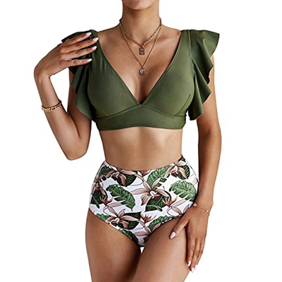 heekpek Conjunto de Bikini Traje de Baño Mujer Sexy Bañador Estampado de Flores Top con Volantes Braga Talle Alto para Dos Piezas Ropa de Playa Tallas