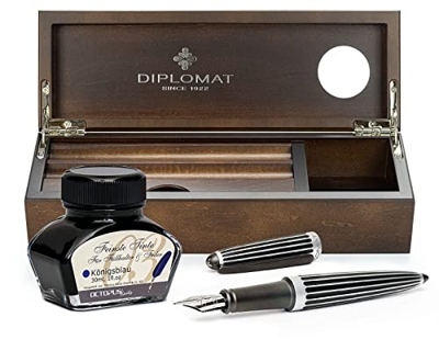 Diplomat Aero Stripes Black - Juego de pluma estilográfica con punta de acero inoxidable M, tinta en vaso de tinta, convertidor de tinta y bandeja par