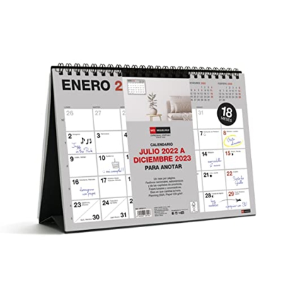 MIQUELRIUS - Calendario Sobremesa 18 meses - de Julio 2022 a Diciembre 2023 - con espacio para escribir - Tamaño A5 - Gris