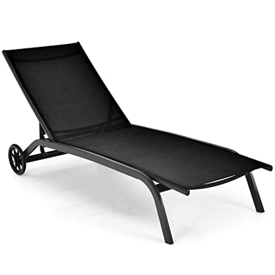 COSTWAY Chaise Longue Regulable, Tumbona para Patio con Ruedas y Tejido de Secado Rápido, Silla Reclinable en 6 Posiciones de Exterior para Piscina Pa