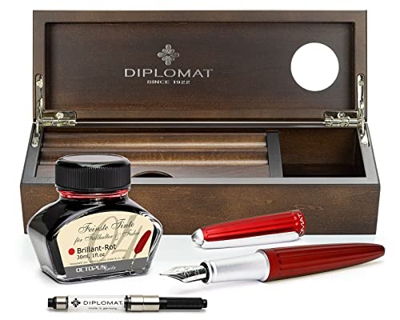 Diplomat Aero - Juego de pluma estilográfica (plumín de acero inoxidable, tinta de color a juego en el vaso de tinta, convertidor de tinta y bandeja p