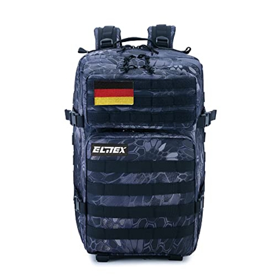 ELITEX Mochila 45L Táctica Militar Bandera Alemania Impermeable Deportiva Caza Aire Libre Deportes Gimnasio Portatil Oxford 900D (Negro Piton)