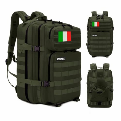 ELITEX Mochila 45L Táctica Militar Bandera Italia Impermeable Deportiva Aire Libre Bolsillos Gimnasio Portatil Oxford 900D (Verde)