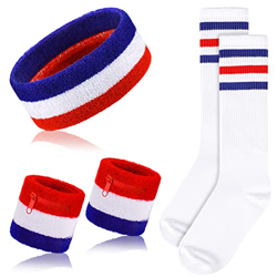 Set de 5 Bandas de Sudor a Rayas y Calcetines a Rayas Incluye 1 Set de Muñequeras Diademas y 1 Par de Calcetines de Tubo Alto Set de Diademas Deportiv en oferta