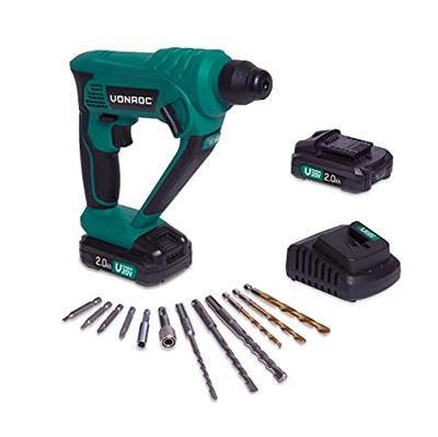 VONROC Martillo rotativo inalámbrico VONROC - VPower 20V - Incluye 2 baterías de 2.0Ah y cargador - 1.3 Joule - SDS-plus - Incluye accesorios y bolsa 