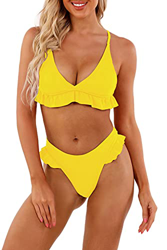 heekpek Bikini Traje de baño Conjuntos Playa Ropa Bañador a Cuadros Tanga Top Triángulo Relleno Braga con Volantes para 2 Piezas Mujer Sexy(Amarillo,M en oferta
