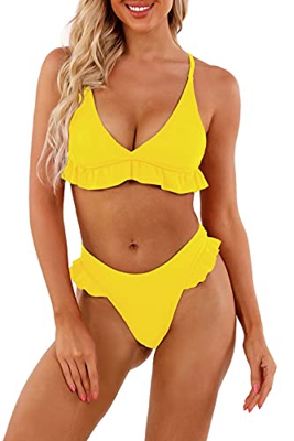 heekpek Bikini Traje de baño Conjuntos Playa Ropa Bañador a Cuadros Tanga Top Triángulo Relleno Braga con Volantes para 2 Piezas Mujer Sexy(Amarillo,M