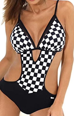 JFAN Mujer Halter Trajes de Baño Una Pieza Bikini Push Up V-Cuello Monokini Traje de Baño de Cintura Baja Ropa de Playa Bikini Sets(tartán,M)