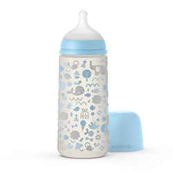 Suavinex, Biberón con tetina simétrica SX Pro. Silicona fina ultra suave Biberón con válvula anticólica. Biberón 360 ml. Flujo denso Memories Azul 307 características