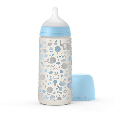 Suavinex, Biberón con tetina simétrica SX Pro. Silicona fina ultra suave Biberón con válvula anticólica. Biberón 360 ml. Flujo denso Memories Azul 307