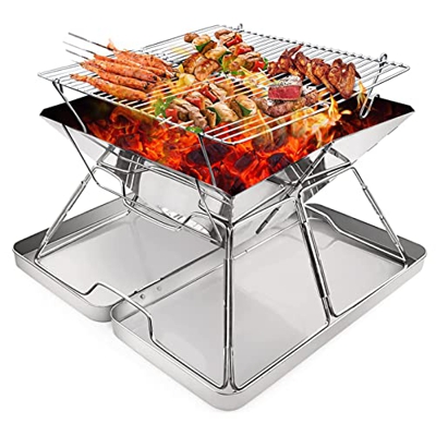 Tentock Parrilla de Barbacoa Portátil (31x31x25cm), Parrillas de Acampada Plegable de Acero Inoxidable Estufa de Barbacoa de Carbón para Camping Picni