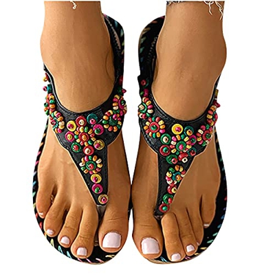 Sandalias Mujer Zapatillas planas Punta abierta con cuentas Cómoda playa Zapatos romanos Chanclas Sandalias de playa romanas bohemias de tacón plano