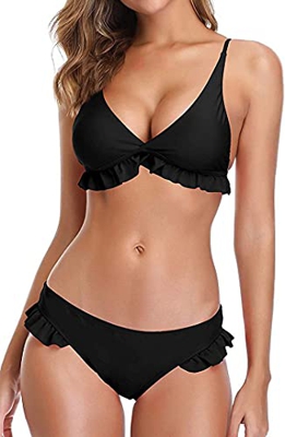 heekpek Bikini Traje de baño Conjuntos Playa Ropa Bañador a Cuadros Tanga Top Triángulo Relleno Braga con Volantes para 2 Piezas Mujer Sexy(Negro,S)