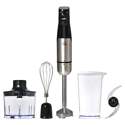 HOMCOM Batidora de Mano 1000W 4 en 1 con Velocidades Ajustables 2 Cuchillas de Acero Inoxidable Picadora 500ml Vaso Medidor 800ml y Batidor de Varilla